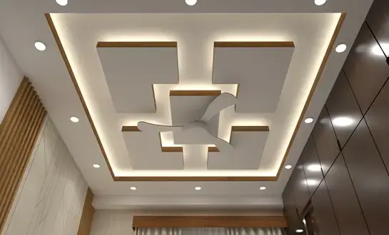 Modern bedroom ceiling design with warm LED cove lighting and recessed downlights