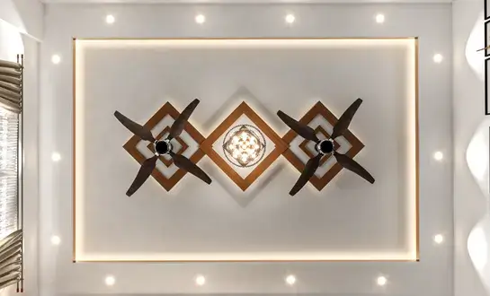 Wooden and decorative bedroom ceiling design combining wood-look panels and gypsum